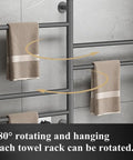 180 Degree Swivel Stainless Steel Towel Warmer Rack With One Hour To Twenty Four Hour Timer Wall Mounted Plug In Five Bars Gray Finish For Bathroom And Spa Space Saver Electric Towel Dryer For Home showing rotation feature