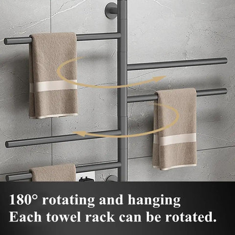 180 Degree Swivel Stainless Steel Towel Warmer Rack With One Hour To Twenty Four Hour Timer Wall Mounted Plug In Five Bars Gray Finish For Bathroom And Spa Space Saver Electric Towel Dryer For Home showing rotation feature