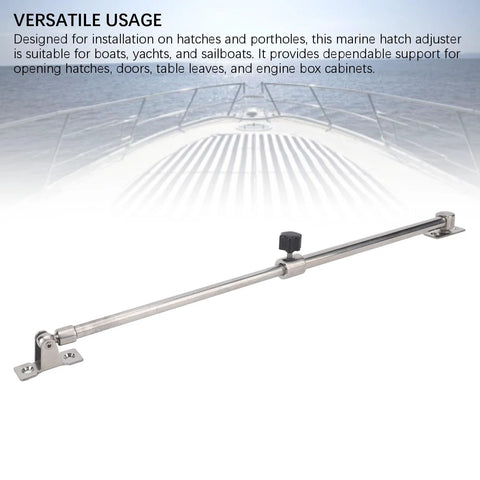 Side view of marine-grade 316 stainless steel boat lid hatch support rod, 248–432 mm, with sliding lock.