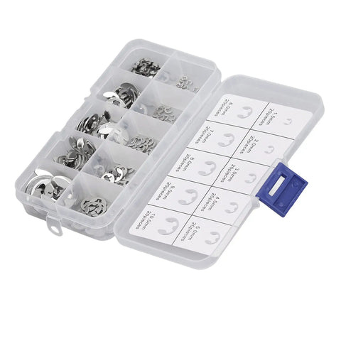 Plastic box of 200Pcs E Clip Assortment Kit Stainless Steel External Retaining Circlip for Bearing Gear Pulley Axle Shaft