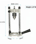 Turn Your Handheld Drill Into a Rugged Benchtop Press With a Cast Iron Base and Aluminum Column For Precise Vertical Drilling, dimensions labeled.