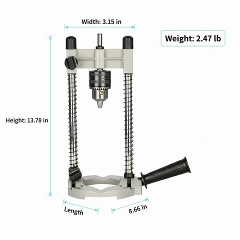 Turn Your Handheld Drill Into a Rugged Benchtop Press With a Cast Iron Base and Aluminum Column For Precise Vertical Drilling, dimensions labeled.