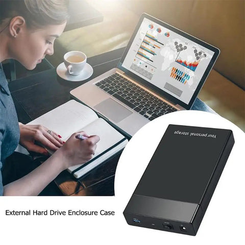 Hella Fast Plug And Play Sata Iii To Usb 3.0 External Hard Drive Enclosure with laptop and notebook on desk.