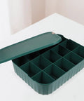 Heavy Duty Underwear Storage Box With Secure Lid Rock Solid Sock And Sleepwear Drawer Organizer in dark green, featuring 12 compartments.