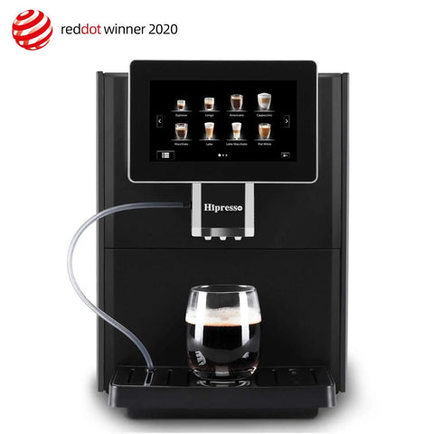 Super Automatic Espresso Maker Bean To Cup Coffee Machine One Touch Milk Frother Single Button Brew Eleven Custom Drinks Legit Top Shelf Smooth Operator Silver Edition For Home Office displaying a glass of fresh coffee.