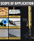 Scope of application showing Built Tough Six Piece Center Drill Bit Set With Heavy Duty Auto Center Punch for various materials.