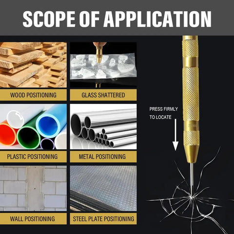 Scope of application showing Built Tough Six Piece Center Drill Bit Set With Heavy Duty Auto Center Punch for various materials.