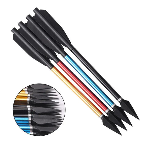 12 Piece Aluminum Crossbow Bolts with removable broadheads showing colorful shafts and pointed tips for outdoor shooting and training.
