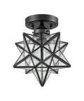 Moravian Star Flush Mount Ceiling Light In Black Iron Finish With Seeded Glass Shade, star-shaped design, side view.