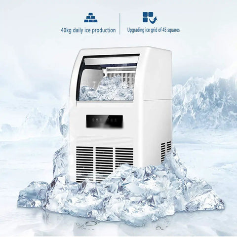 Premium Automatic Ice Cube Maker Pulling Forty Kilos Daily, zero trouble self clean routine, crystal clear view port in ice.