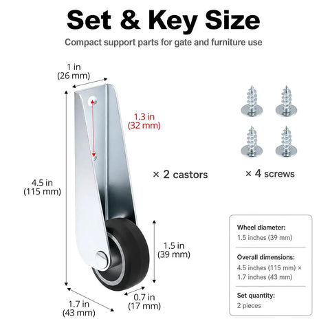 Heavy Duty Gate Caster Wheels With Rubber Pulley Track Rollers For Sinking Wood Fences And Garden Doors Galvanized Steel Bracket shown with dimensions.