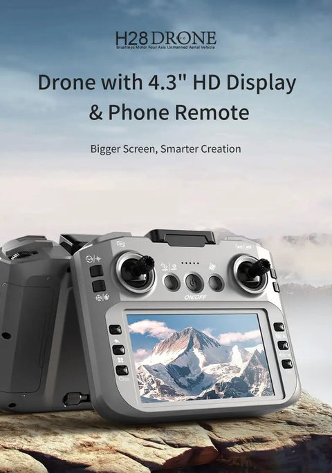 1080P HD Foldable Drone With Gesture Control Remote showing 4.3" display and controls on rocky landscape.