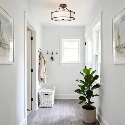 Three Light Drum Shade Semi Flush Mount Ceiling Light In Dark Bronze 18 Inch Close To Ceiling Fixture With Fabric Shade And Frosted Glass Diffuser Sleek Modern Look For Any Room in a hallway.