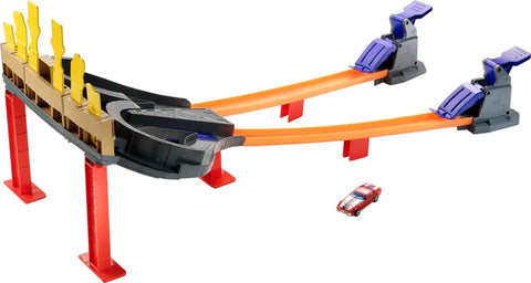 Super Speed Blastway Dual-Track Race Set with 1 64-scale car, side-by-side launchers, grandstand flags, high-speed toy car racing