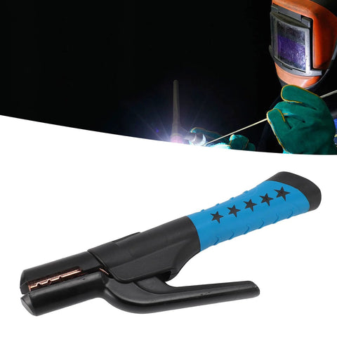 Welding electrode holder with insulated blue grip and black clamp, side view