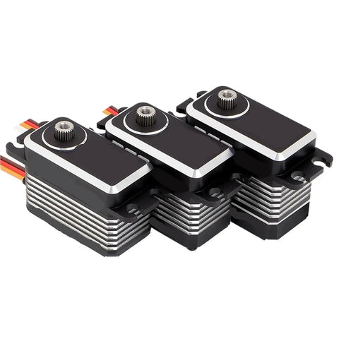 Heavy Hitter 20 kg cm Torque RC Servo With Coreless Motor At 8.4 V Delivers Snappy 0.10 S Speed shown in black with steel gears.