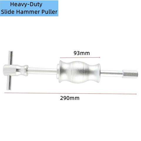 Side view of heavy-duty slide hammer puller with T-handle, silver metal, 290mm overall length