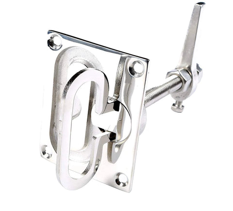 Front view of stainless steel large flush hatch latch with back plate and turning lock, marine-grade hardware
