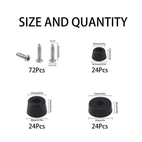 72Pcs Rubber Feet Set With Stainless Washer Screws Anti Slip Bumpers 3 Size Assortment shown with size and quantity labels