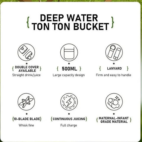 Image of Deep Water Ton Ton Bucket features: 500ml capacity, double cover design, lanyard, 10-blade, continuous juicing.