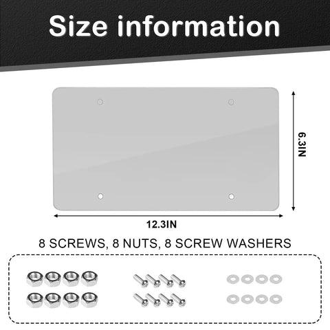 Frameless Clear License Plate Covers 2 Pack For Standard 12x6 US Plates dimensions with included screws, nuts, and washers