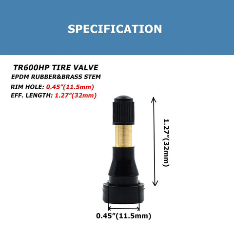TR600HP brass tire valve stem with black cap; snap-in tubeless high-pressure, 1.27in long, 0.45in rim hole