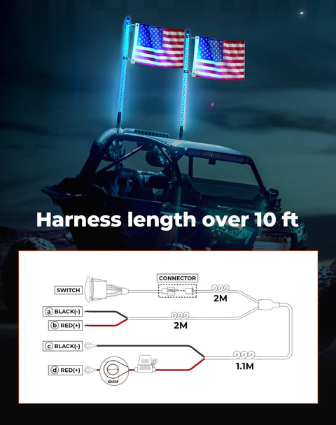 Diagram of Whip Lights Rocker Switch With Wiring Harness Kit for 12V UTV ATV, showing connectors and harness length.