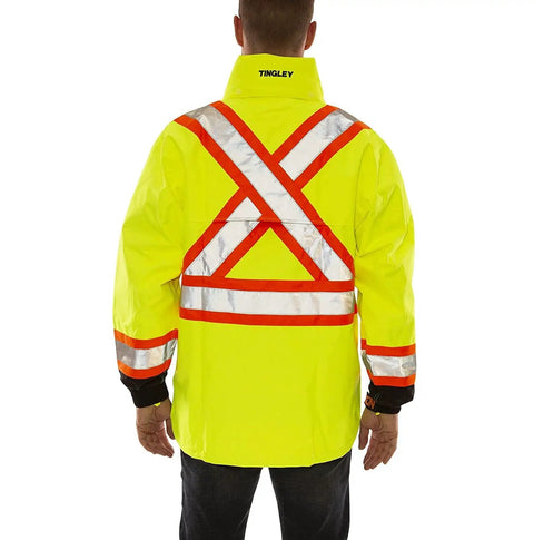 Back view of High Visibility Jacket With Detachable Hood For Outdoor Work Extra Large Fluorescent Yellow Green and Black ANSI ISEA 107