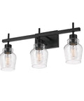 5-Piece All-In-One Matte Black Bathroom Set With 3-Light Vanity Fixture Featuring Seeded Glass Shades Plus Towel Bar, Towel Ring, Robe Hook, And Toilet Paper Holder For A Sleek Modern Industrial Vibe, showing 3-light vanity with seeded glass.