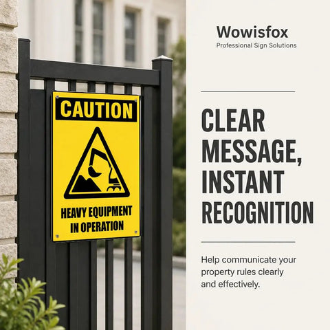 Heavy Equipment In Operation Aluminum Warning Sign 12x8 Inches Durable Construction Site Safety Sign With High Visibility Yellow And Black Bold Caution Graphic Pre Drilled Holes For Easy Mounting mounted on a black fence next to building