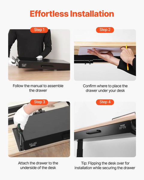 Effortless installation steps for the Heavy Duty Under Desk Drawer Slide Out Smooth Glide Hidden Counter Storage for Office and Home.
