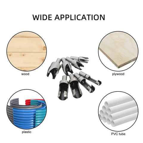 Legit Top Tier Wood Plug Cutter Drill Bit Set Eight Piece Collection featuring various cutter sizes for wood, plywood, plastic, and PVC tube.
