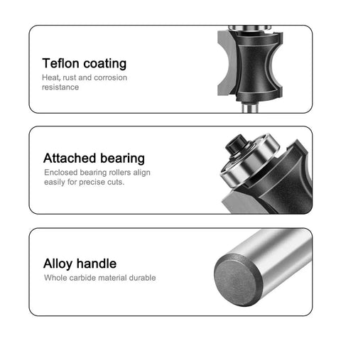 Solid Half Round Router Bit For Woodworking With 6mm 12mm Or 1/4 Inch Shank showing Teflon coating, bearing, and alloy handle details.