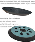 Five Inch Hook And Loop Replacement Sander Pad For Orbit Sanders 343 343K 390 390K 382 343VSK With 8 Hole Pattern Foam Body Easy Screw On Installation Dust Collection Ready showing top and bottom view