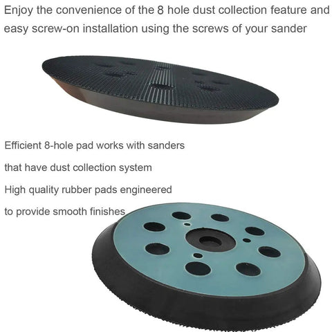 Five Inch Hook And Loop Replacement Sander Pad For Orbit Sanders 343 343K 390 390K 382 343VSK With 8 Hole Pattern Foam Body Easy Screw On Installation Dust Collection Ready showing top and bottom view