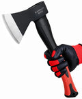 Person holding Rugged 15 Inch Camping Axe For Kindling And Wood Chopping With Forged 45 Carbon Steel Head, non slip grip visible