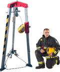 Tough As Nails Heavy Duty Confined Space Tripod Kit Featuring Auto Engaging Winch And Pro Grade Anti Fall Arrest Gear For Tight Industrial Rescue Operations with aluminum body and winch.
