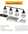 4 Light Cage Pendant Kitchen Island Light assembly kit showing metal lampshades, canopy, and adjustable poles