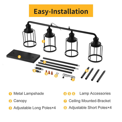 4 Light Cage Pendant Kitchen Island Light assembly kit showing metal lampshades, canopy, and adjustable poles
