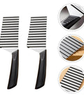 Front view: stainless steel crinkle fry cutters pair with black non-slip handles; wavy slicers for potatoes and carrots.