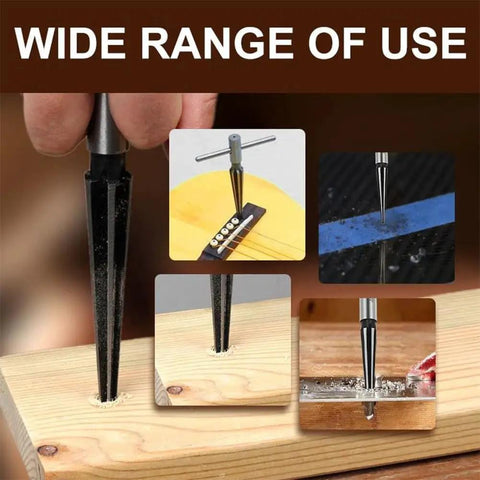 Two Pack Tapered Reamer Set With Six Fluted Chamfer Reamers and T Handle for metal and plastic hole sizing on wood and guitar bridge