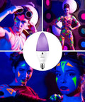LED bulb and neon-painted people using 6 Pack LED Black Light Bulbs 6W E12 Candle Socket Neon Glow 385-400 Nanometer Range