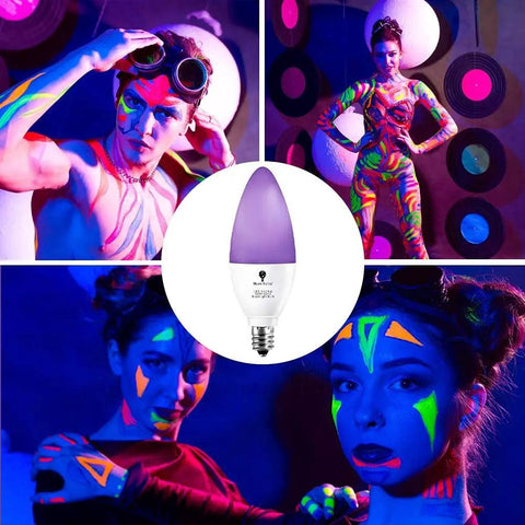 LED bulb and neon-painted people using 6 Pack LED Black Light Bulbs 6W E12 Candle Socket Neon Glow 385-400 Nanometer Range