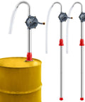 Heavy Duty Two Pack Manual Drum Pump For 55 Gallon Barrels And 15 To 55 Gallon Tanks shown with alloy tube and crank, ideal for fluid transfer.