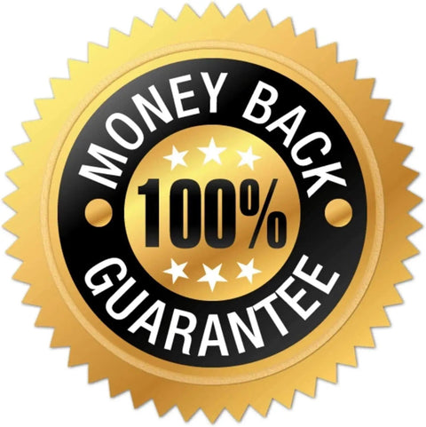 Seal with text 'Money Back 100% Guarantee' on a gold badge, symbolizing trust and assurance in the Pretty Slick Drop In Replacement Compatible With Bunn Easy Clear Eqhp 25 Liter Coffee Maker Coconut Activated Carbon Block Water Filter Straight Up Crisp Flavor.
