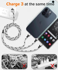 3 in 1 USB Charging Cable Set, 5 ft Nylon Braided Multi Charger Cable, 3 Pack Universal Type C Micro USB USB A Connectors for Phones, Tablets, and More, Fast Charge, Travel Ready, Shareable Cord; charging three devices