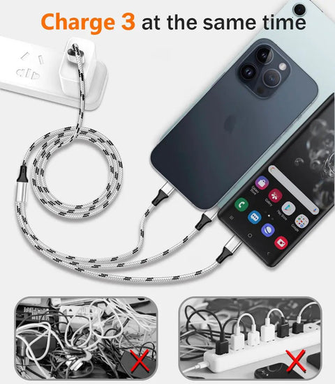 3 in 1 USB Charging Cable Set, 5 ft Nylon Braided Multi Charger Cable, 3 Pack Universal Type C Micro USB USB A Connectors for Phones, Tablets, and More, Fast Charge, Travel Ready, Shareable Cord; charging three devices