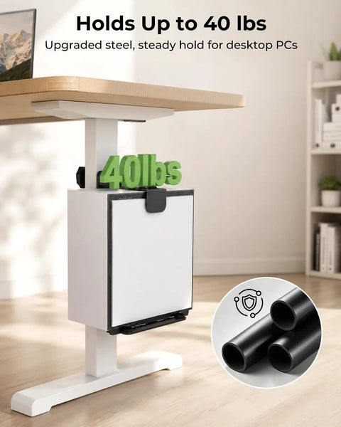 Heavy Duty Under Desk PC Mount For Standing Desk No Fuss Clamp Lifts Tower Smoothly Kills Cable Snags And Sets Off Straight Fire Ergonomics For Any Legit Home Office Battlestation with 40lbs capacity mounted on a desk.
