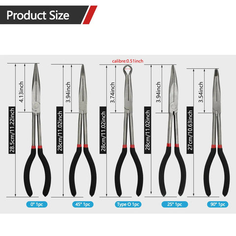 Five Piece 11 Inch Precision Long Nose Pliers Set with Insulated Comfort Grips for DIY Projects Straight 25 45 90 Degree Curved and Circular Tips