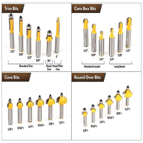 Built Like A Tank 70 Piece Router Bit Set With 1/2 Inch Shank Carbide Tipped Woodworking Milling Cutter Kit showing various bit styles and sizes.